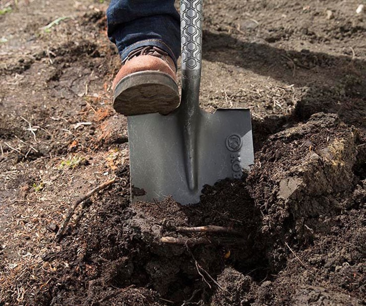 Person using a shovel to dig into soil