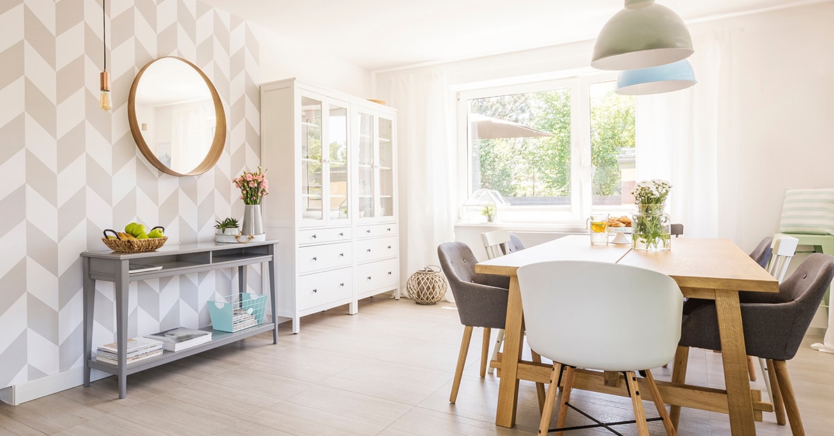 Dining room with modern wallpaper