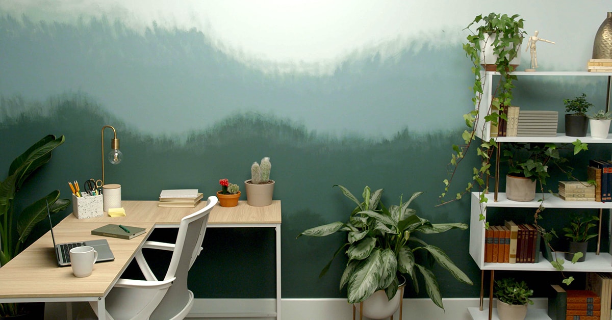 Salon avec une mural de forêt à effet ombré