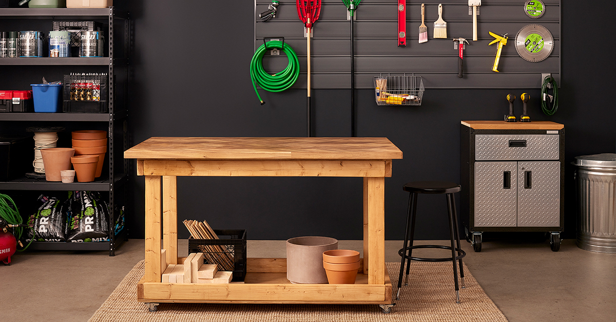 Wooden rolling island with a butcher block