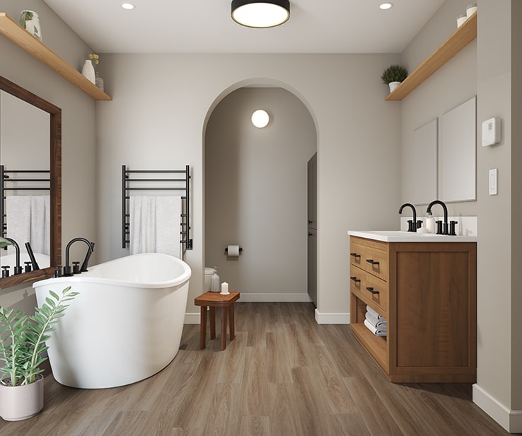 Salle de bain avec un plancher à effet bois brun