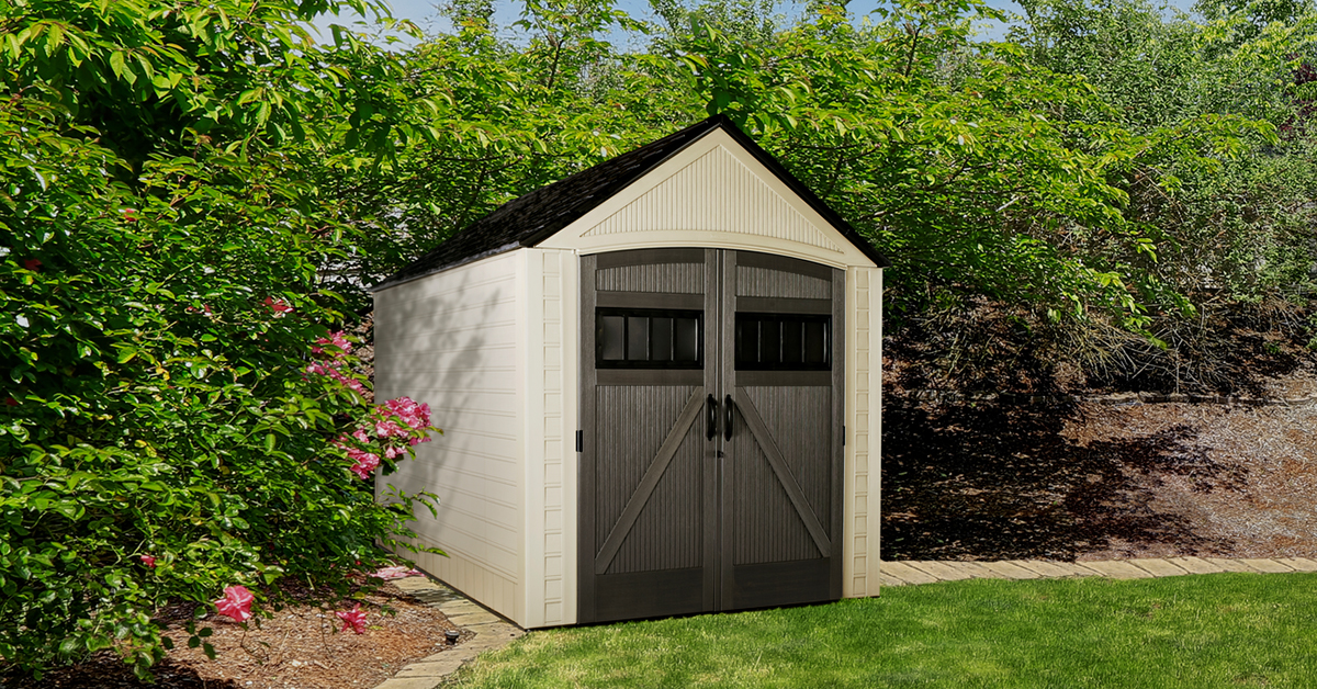 Keter Factor 8 x 11 Foot All Weather Plastic Outdoor Storage Shed with 2  Shelves Included and Built-in Ventilation for Backyard Organization, Taupe