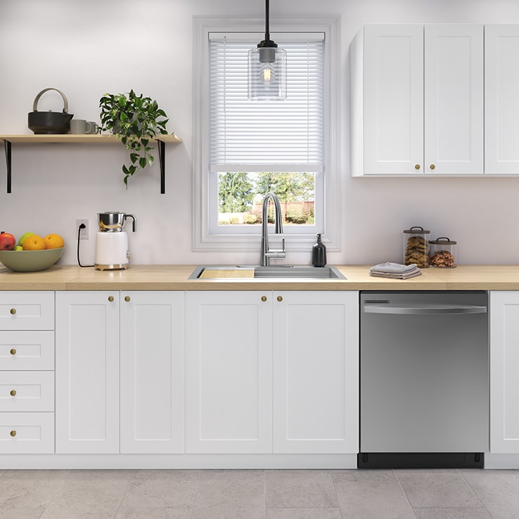 Kitchen with white faux wood horizontal blinds