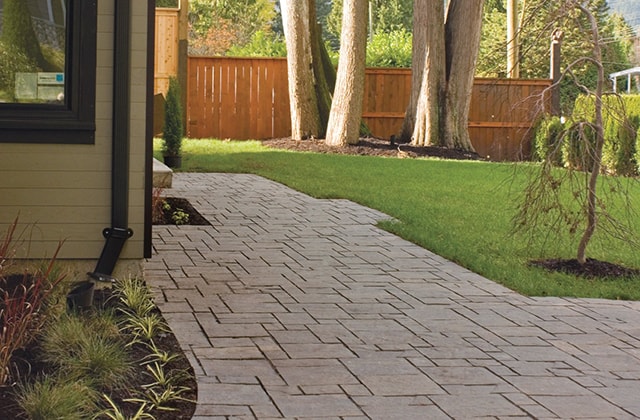 Clean paved pathway behind a house