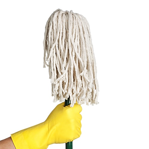 Gloved hand holding a mop