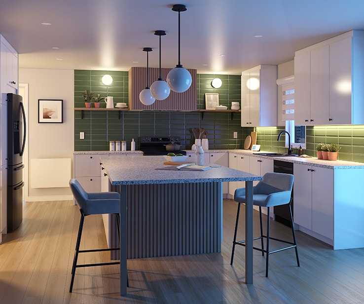 Kitchen at night with mood lighting