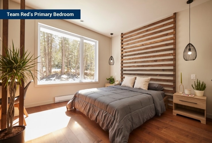 Bedroom with a wood slat headboard