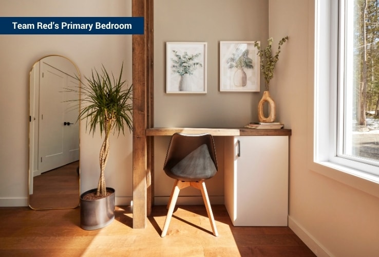 Bedroom with a wood slat headboard