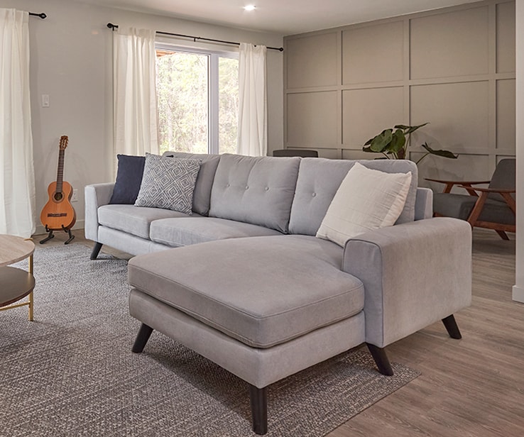 Open-concept basement with a lounge corner