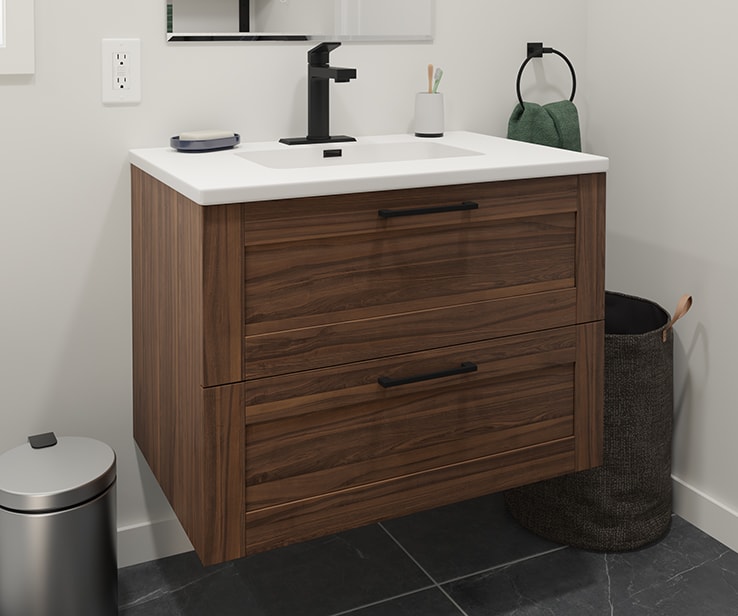 Dark wood floating bathroom vanity