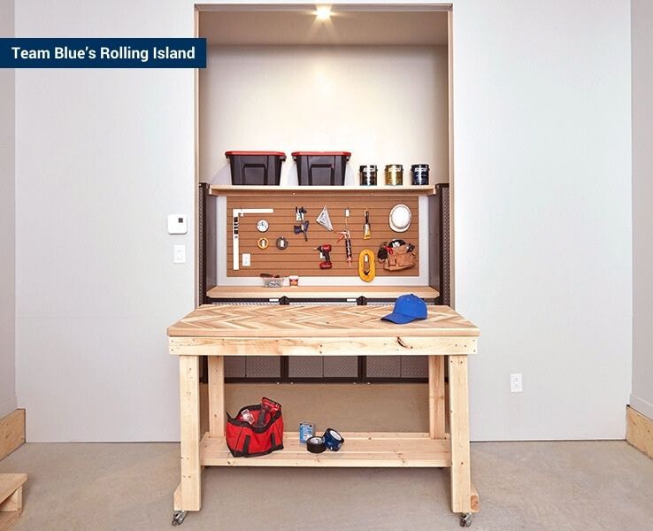 A wooden rolling island