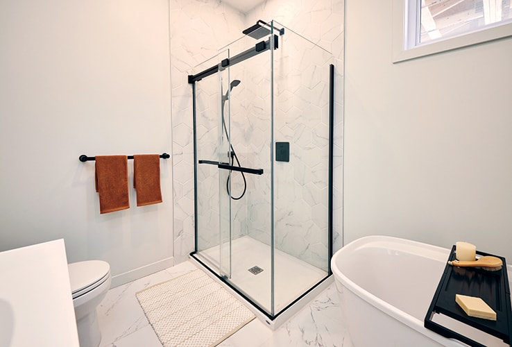 Bathroom with a mix of marbled tile