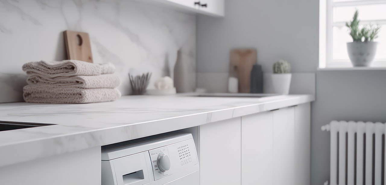 Faux quartz countertop in a laundry room