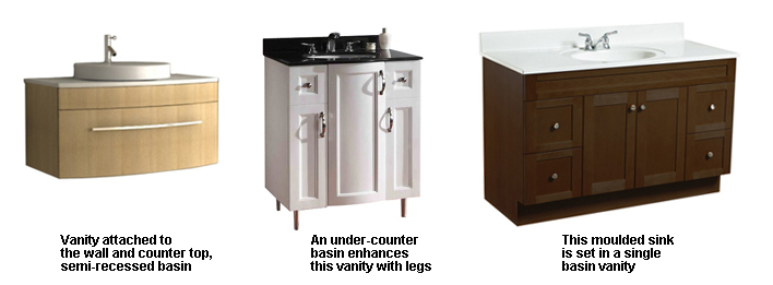 Standard basin vanities, with leg or wall mounted